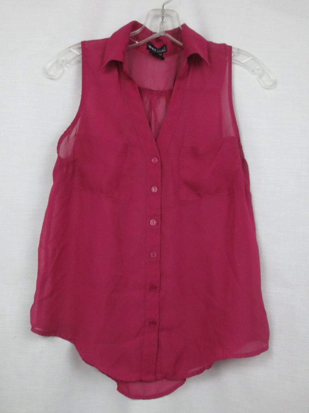 Wet Seal Top Burgundy Semi-sheer Sleeveless Hi Low Classy Buttonup Blouse Size M
